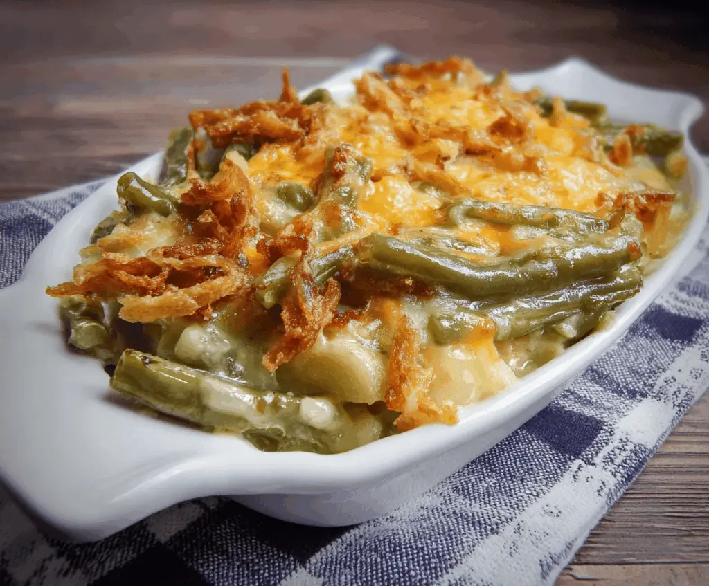 Creamy green bean casserole with tender potatoes topped with crispy fried onions, served as a delicious side dish for holidays or family dinners.