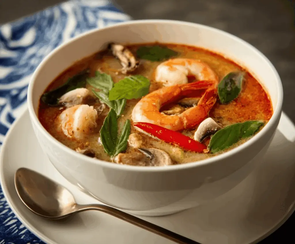 Spicy and tangy Tom Yum Soup with shrimp, mushrooms, fresh herbs, and lime in a bowl