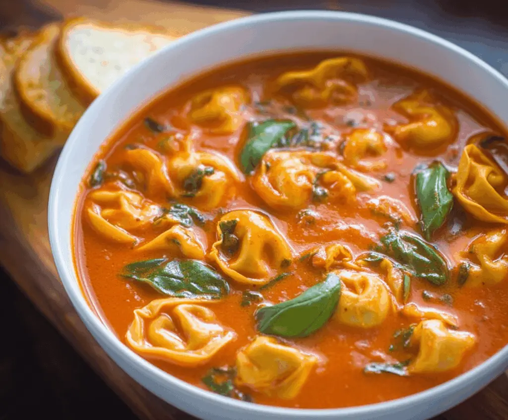 Creamy Tomato Tortellini Soup topped with fresh basil and grated Parmesan cheese in a bowl, served with a spoon on a rustic wooden table.