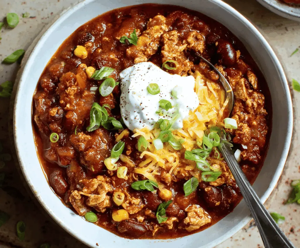 Hearty homemade turkey chili served in a bowl with toppings like shredded cheese and chopped green onions, perfect for a comforting meal.