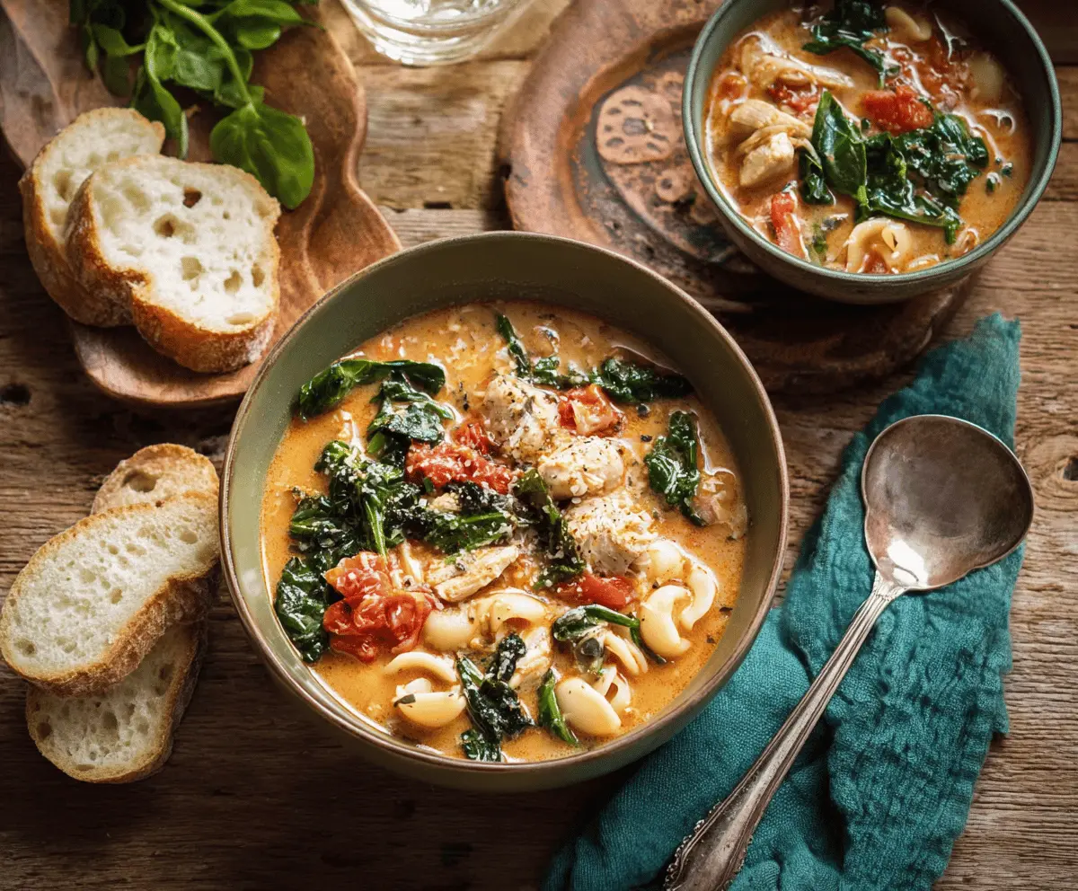 Creamy Tuscan Chicken Soup with spinach, sun-dried tomatoes, and tender chicken pieces in a savory broth