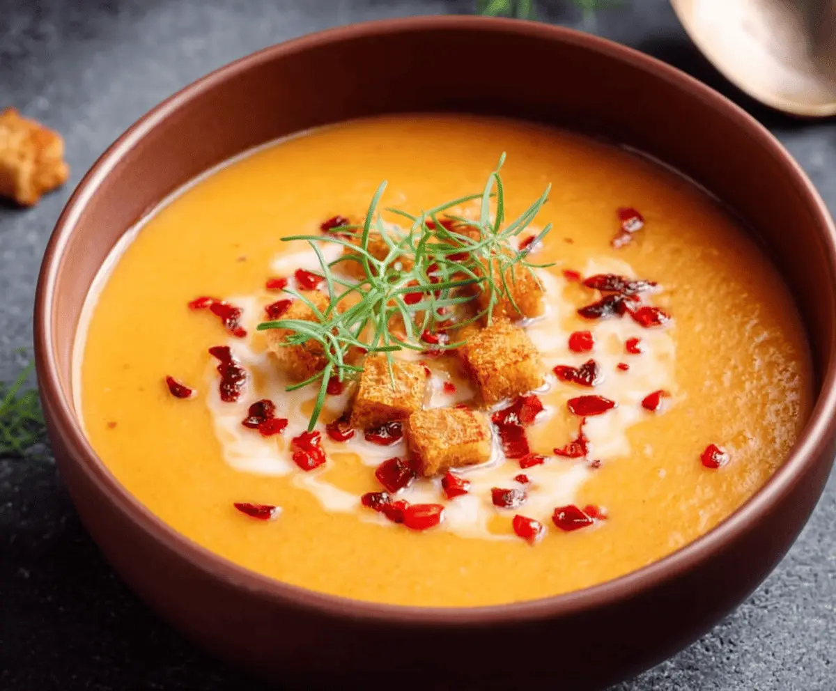 Creamy vegan sweet potato soup garnished with fresh herbs in a rustic bowl, perfect for a healthy, comforting meal