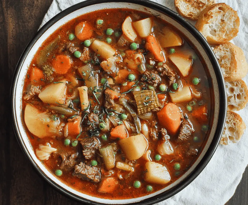 A bowl of hearty vegetable beef soup featuring tender beef chunks, colorful vegetables like carrots, celery, and potatoes, garnished with fresh herbs, served in a rustic bowl.
