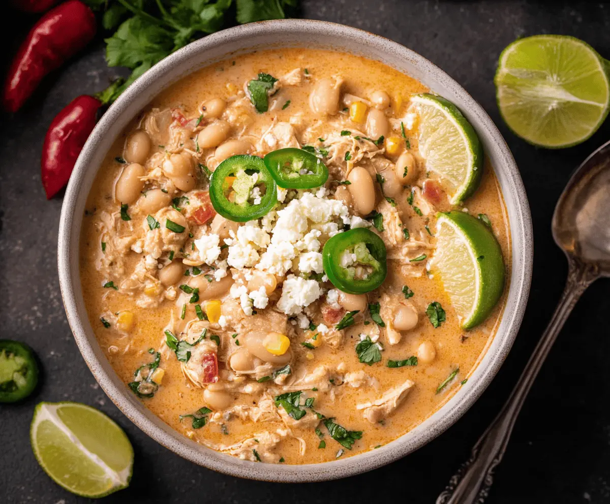 Creamy white chicken chili in a bowl garnished with cilantro and shredded cheese, served with tortilla chips on the side.