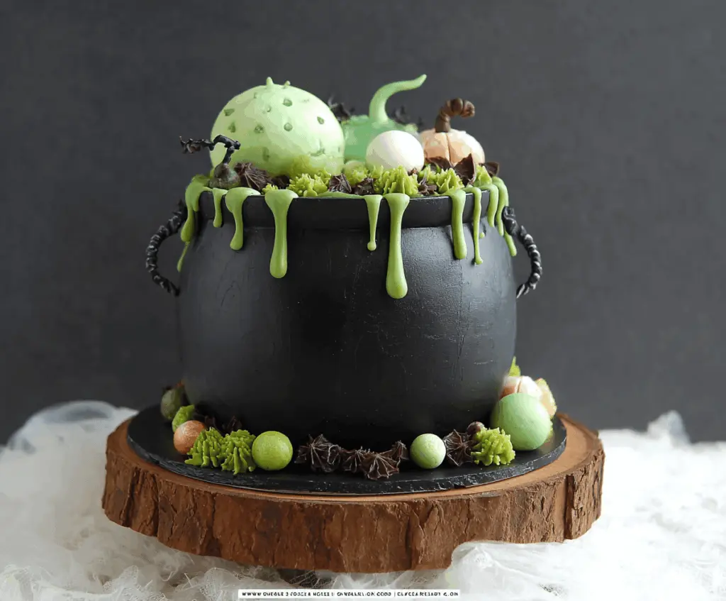 Delicious Witch Cauldron Cake decorated with green frosting, colorful candies, and spooky Halloween accents, perfect for a festive celebration.