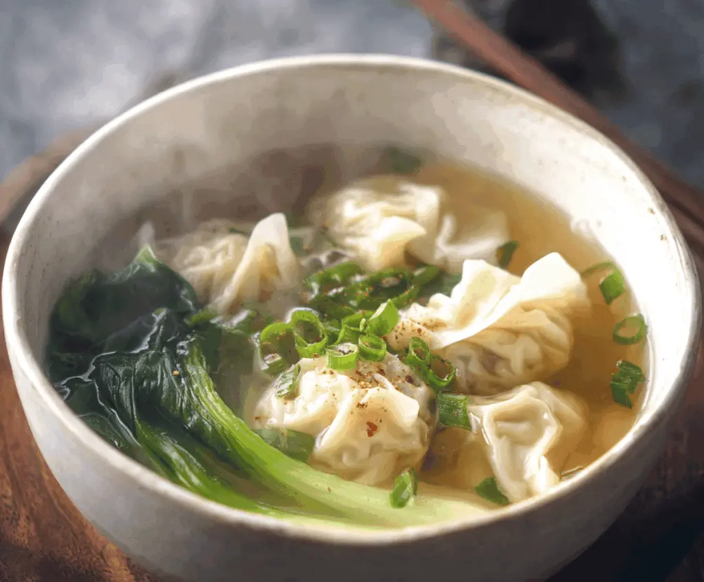 A steaming bowl of wonton soup garnished with chopped green onions and fresh herbs, showcasing tender wontons floating in flavorful broth.