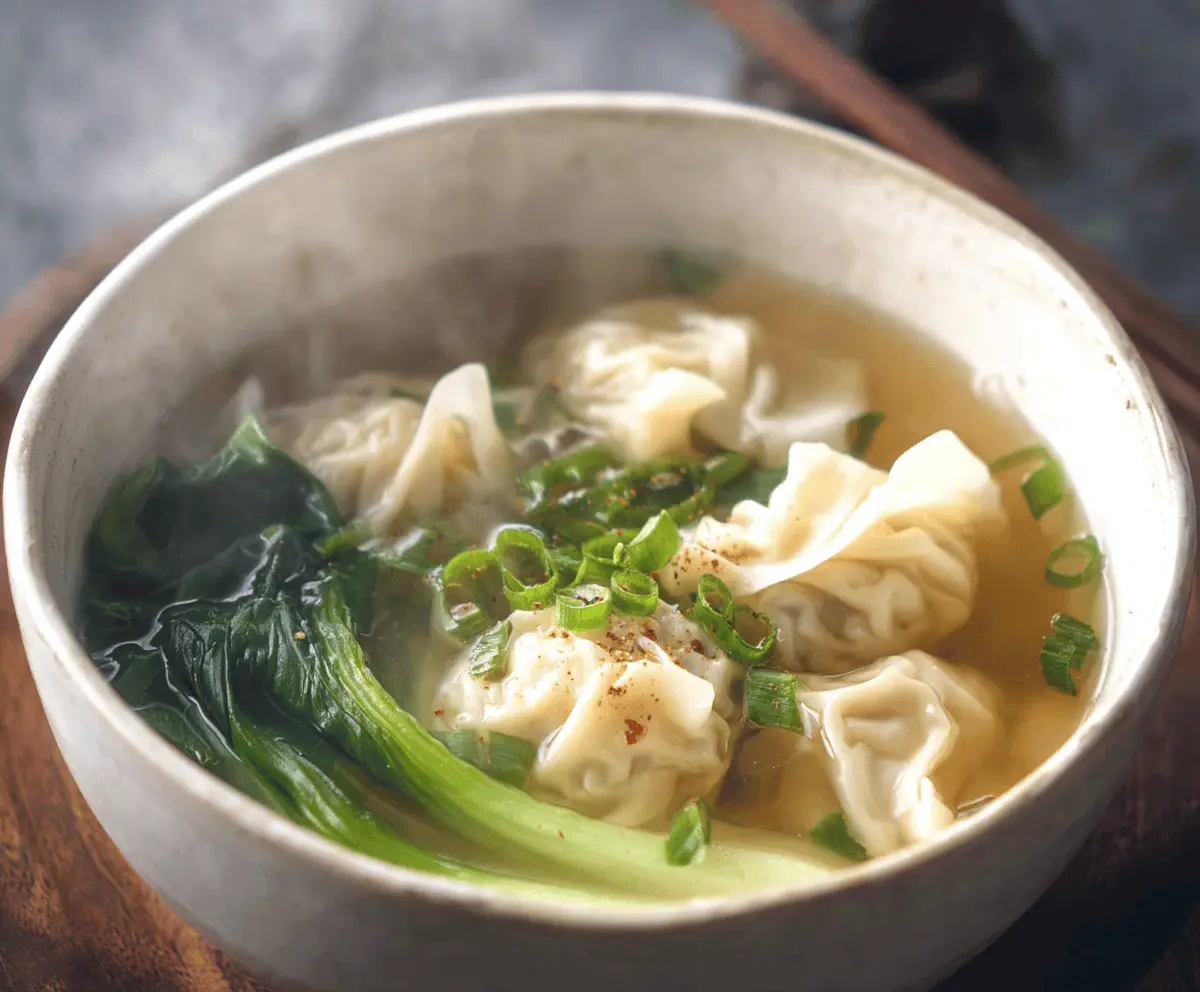 A steaming bowl of wonton soup garnished with chopped green onions and fresh herbs, showcasing tender wontons floating in flavorful broth.