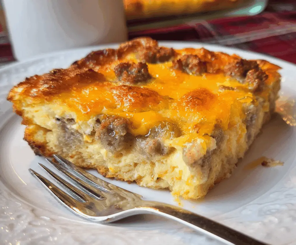 Delicious 4 Ingredient Sausage Breakfast Casserole in a baking dish with melted cheese.