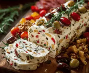 Delicious Antipasto Cream Cheese Log garnished with herbs and olives.