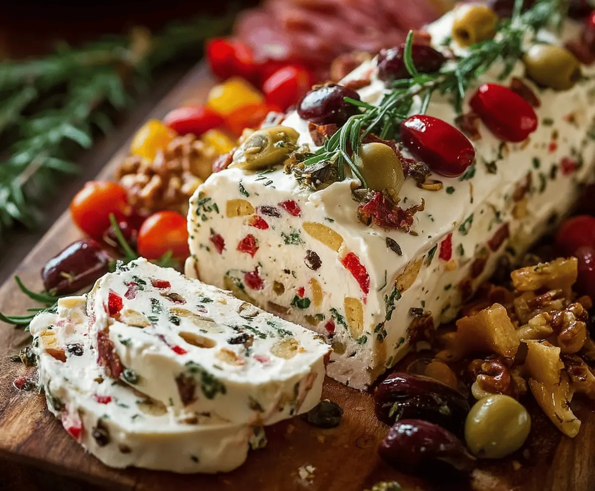 Delicious Antipasto Cream Cheese Log garnished with herbs and olives.