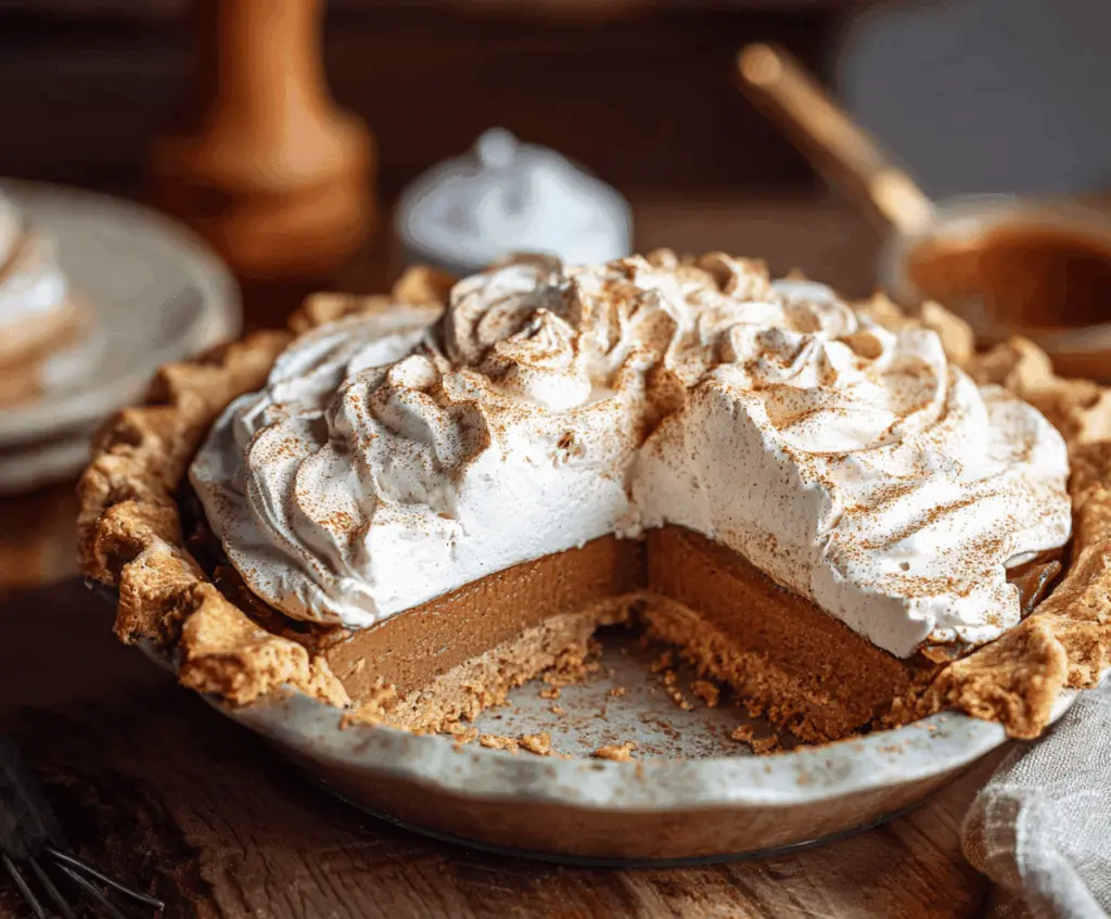 Delicious apple butter pie topped with cinnamon whipped cream, perfect for fall desserts.