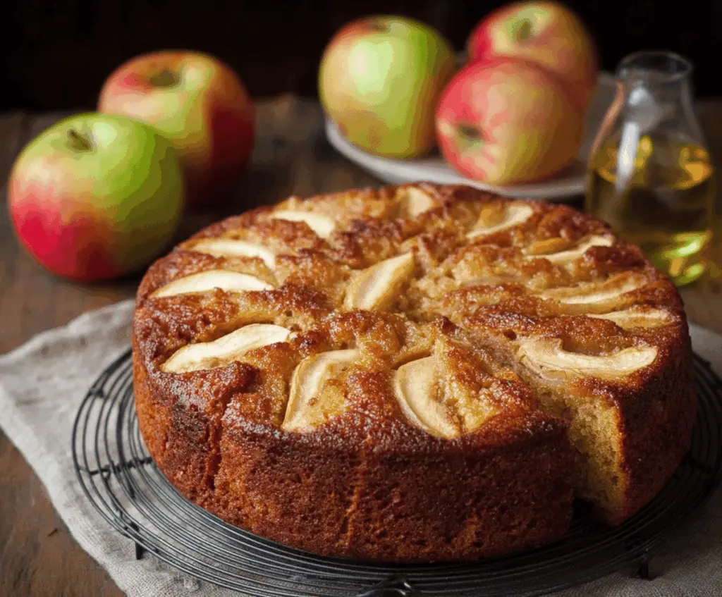 Delicious homemade apple cider cake with a golden-brown crust and fresh apple slices on top.
