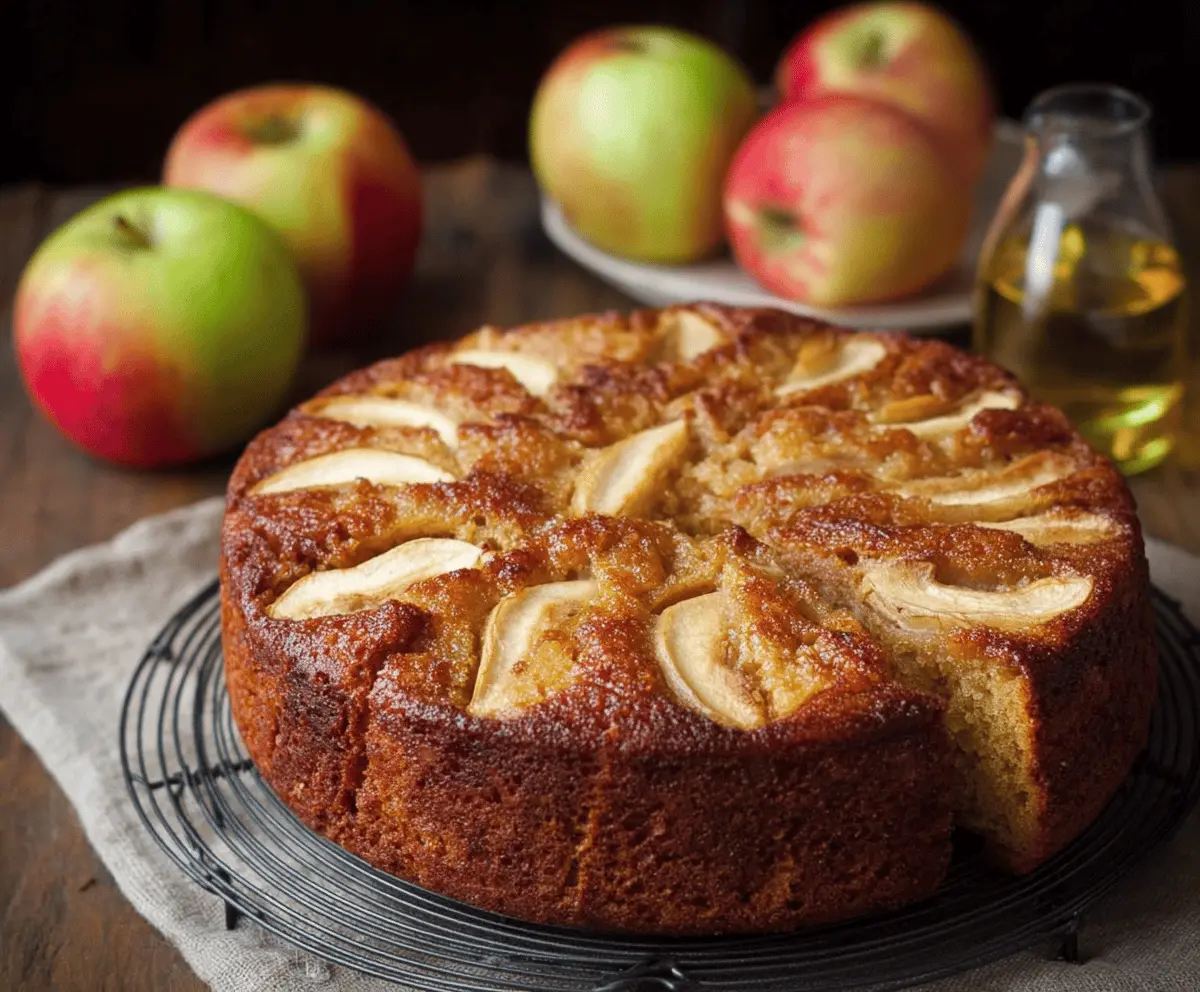 Delicious homemade apple cider cake with a golden-brown crust and fresh apple slices on top.