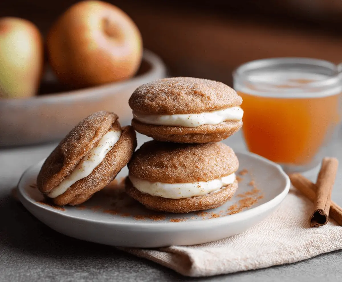Delicious apple cider whoopie pies with creamy filling on a rustic wooden table