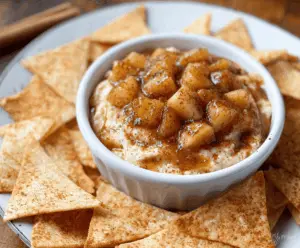 Creamy Apple Pie Dip topped with cinnamon and served with crispy cinnamon tortilla chips.