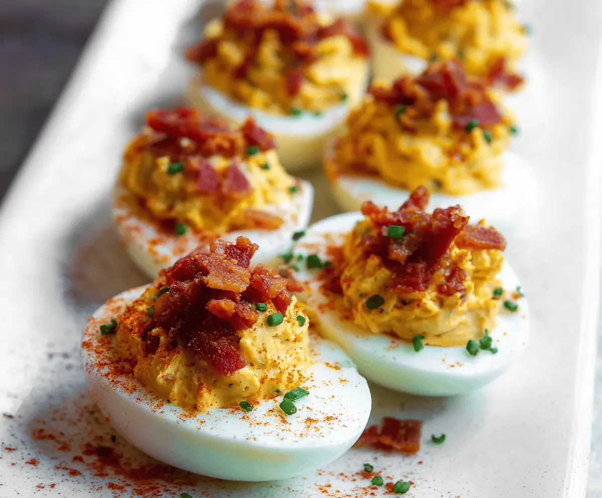 Creamy bacon deviled eggs garnished with fresh herbs on a white plate