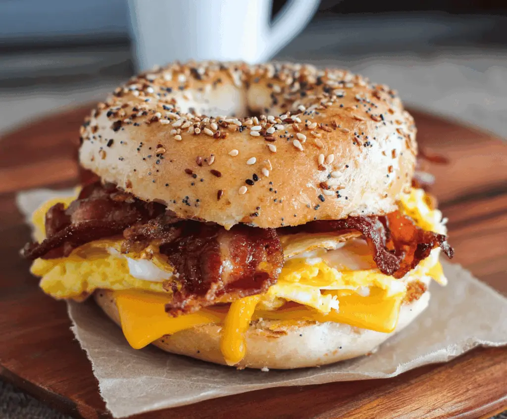 Delicious bacon, egg, and cheese breakfast bagel sandwich on a plate