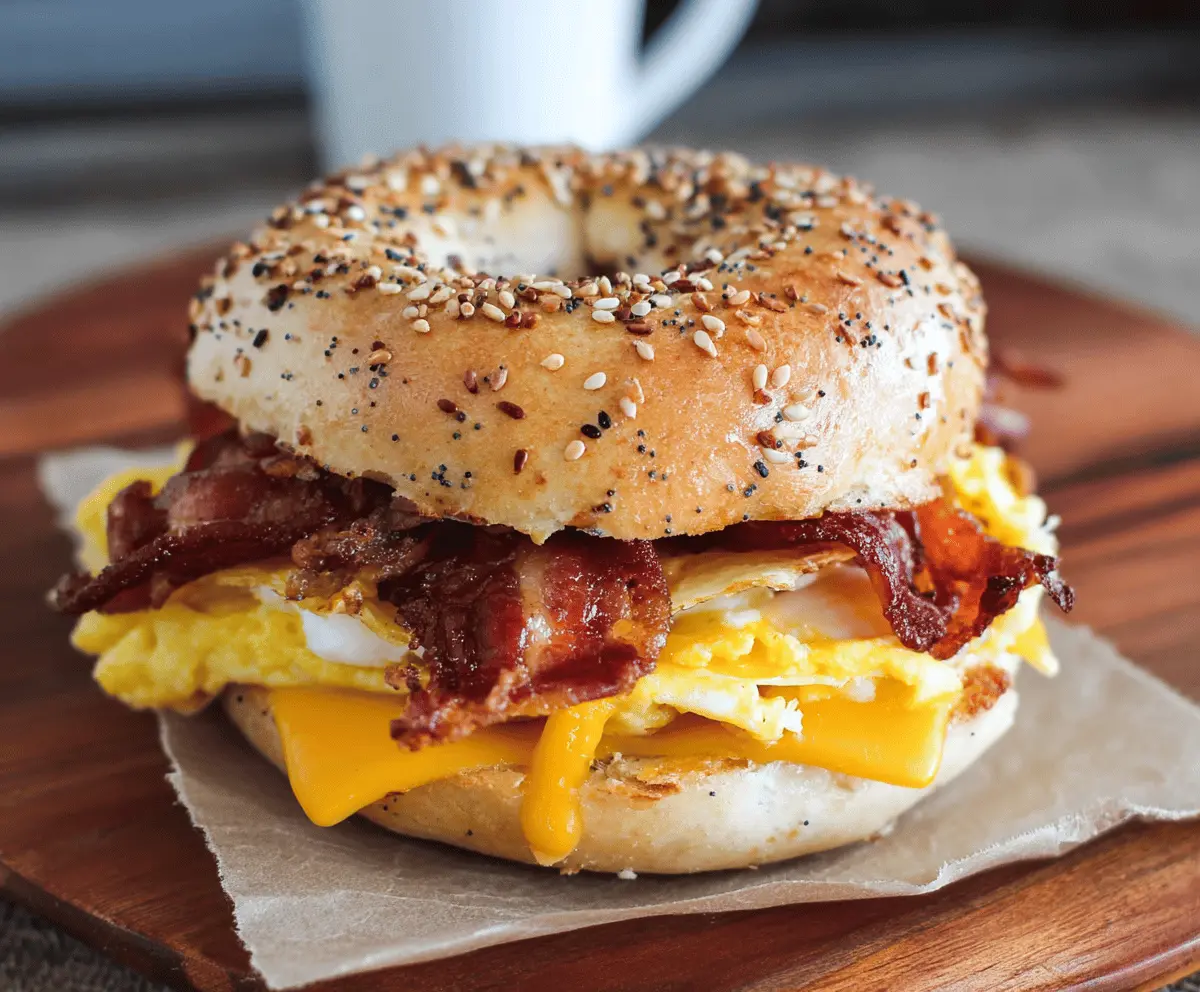 Delicious bacon, egg, and cheese breakfast bagel sandwich on a plate