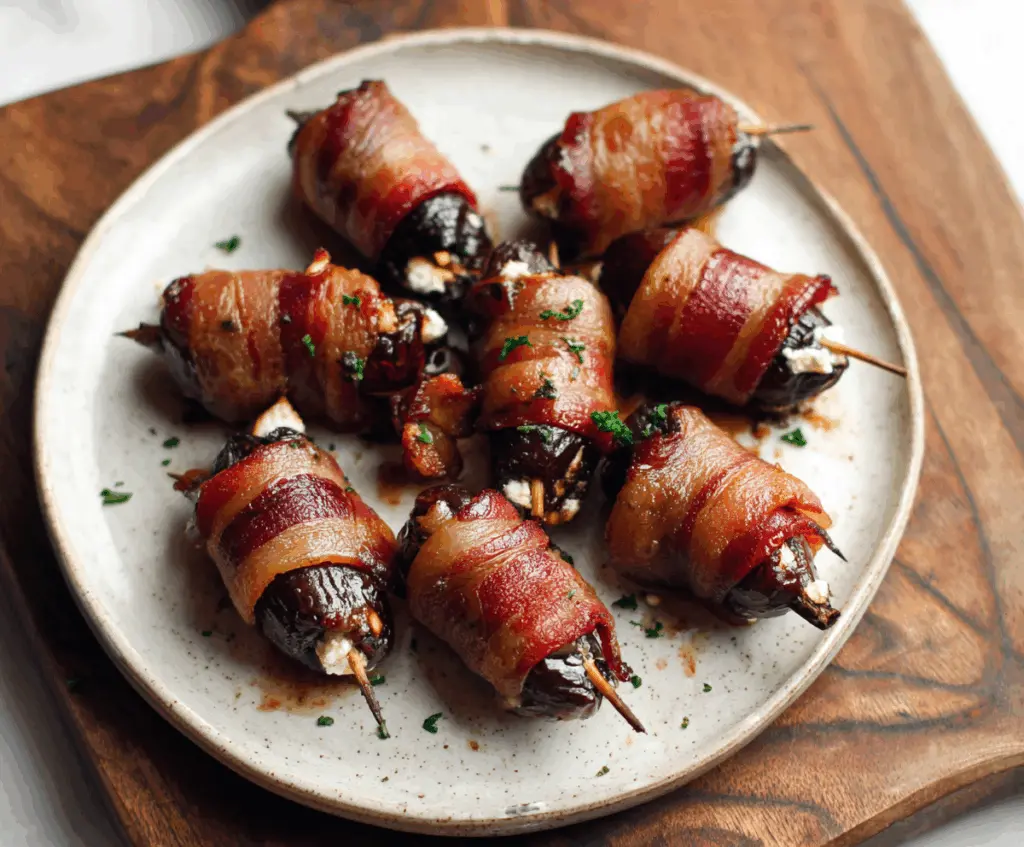 Bacon-wrapped dates filled with creamy goat cheese, ready to serve as an elegant appetizer.