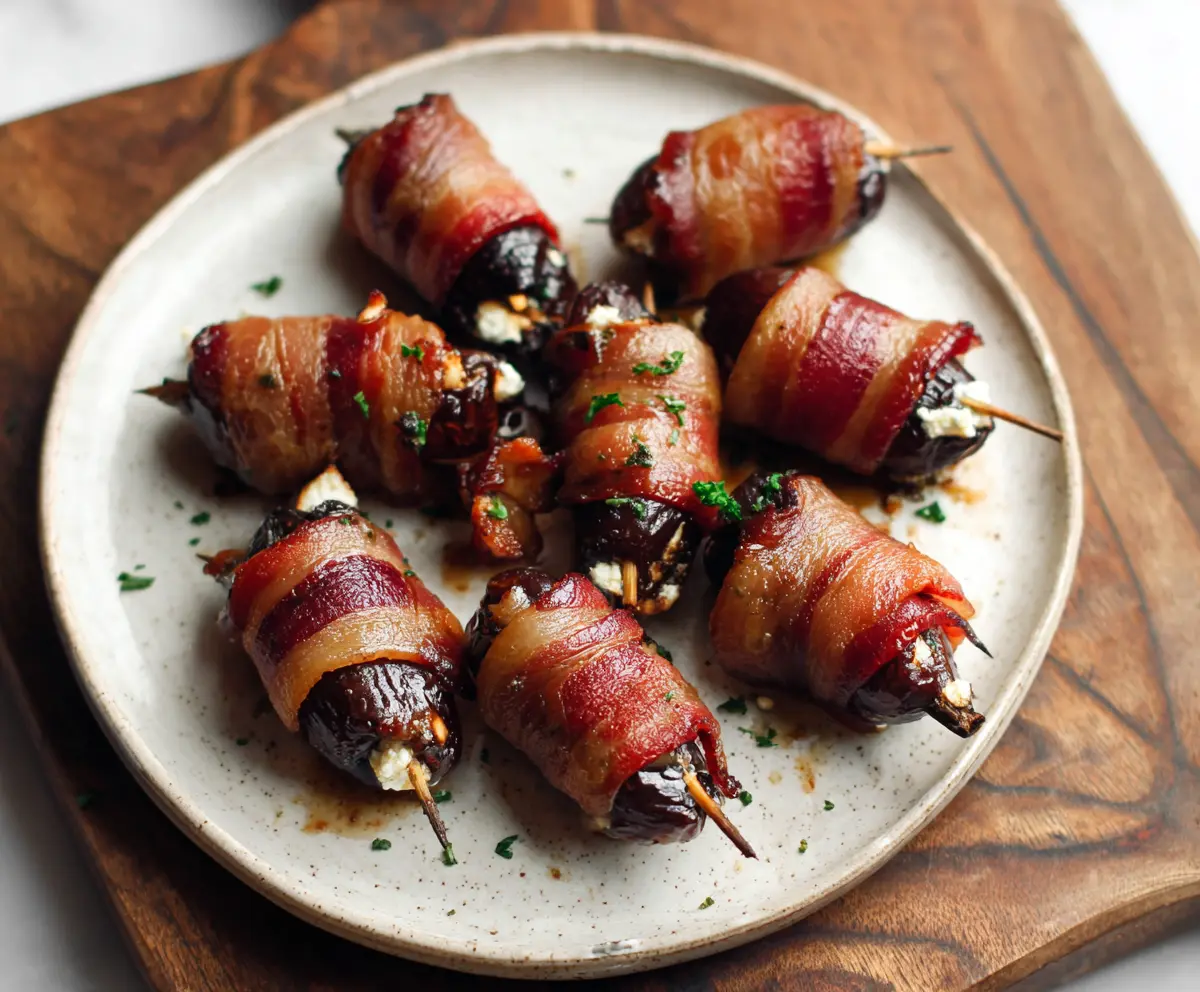 Bacon-wrapped dates filled with creamy goat cheese, ready to serve as an elegant appetizer.