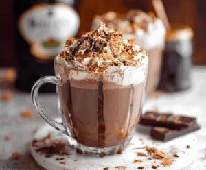 Creamy Baileys Hot Chocolate topped with whipped cream and cocoa powder, perfect for cozy evenings.