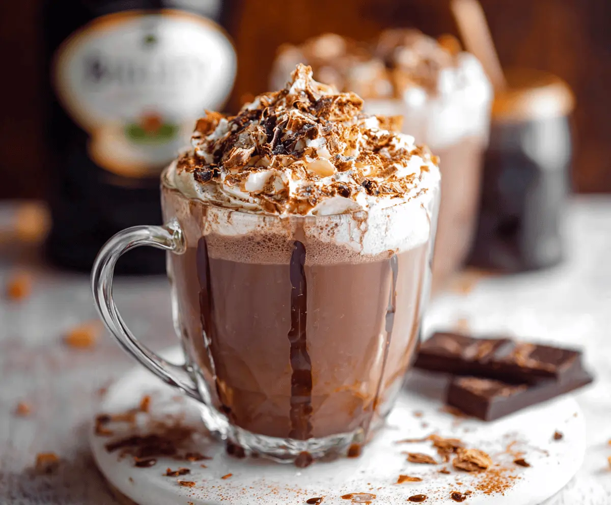 Creamy Baileys Hot Chocolate topped with whipped cream and cocoa powder, perfect for cozy evenings.