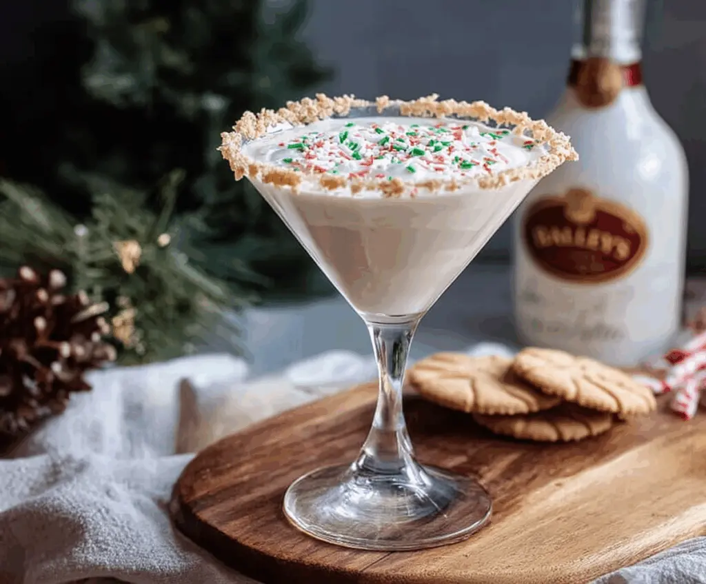 Delicious Baileys Sugar Cookie Martini in a cocktail glass topped with sugar crystals and festive decorations.
