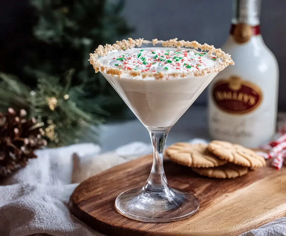 Delicious Baileys Sugar Cookie Martini in a cocktail glass topped with sugar crystals and festive decorations.