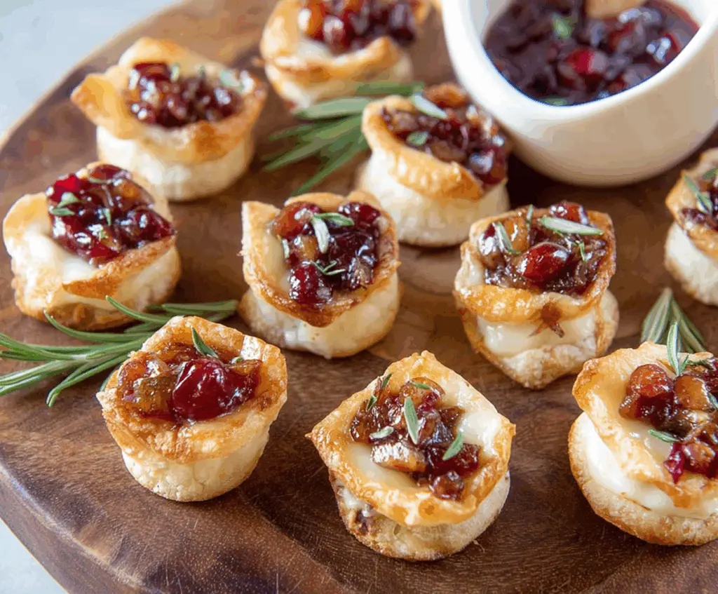 Delicious baked cranberrry brie bites served on a platter, perfect for holiday snacking.