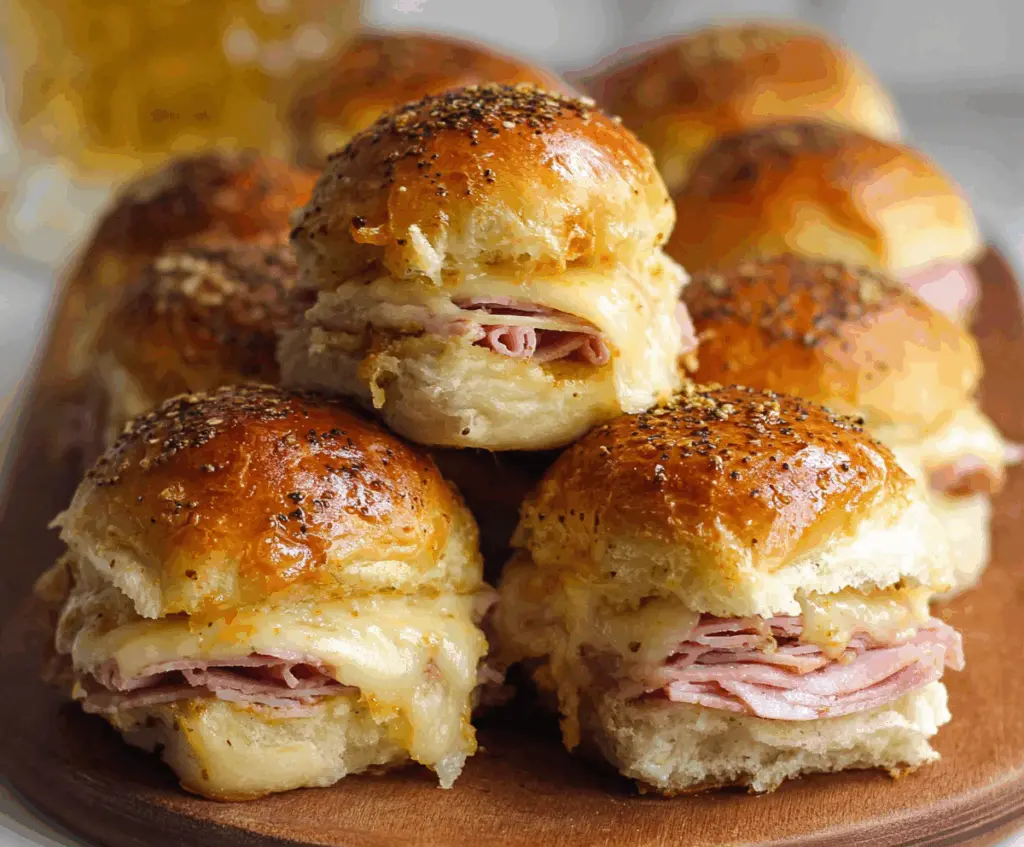 Delicious baked ham and cheese sliders fresh out of the oven, perfect for a savory snack or party appetizer.