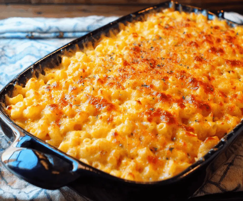 Creamy baked mac and cheese topped with golden breadcrumb crust