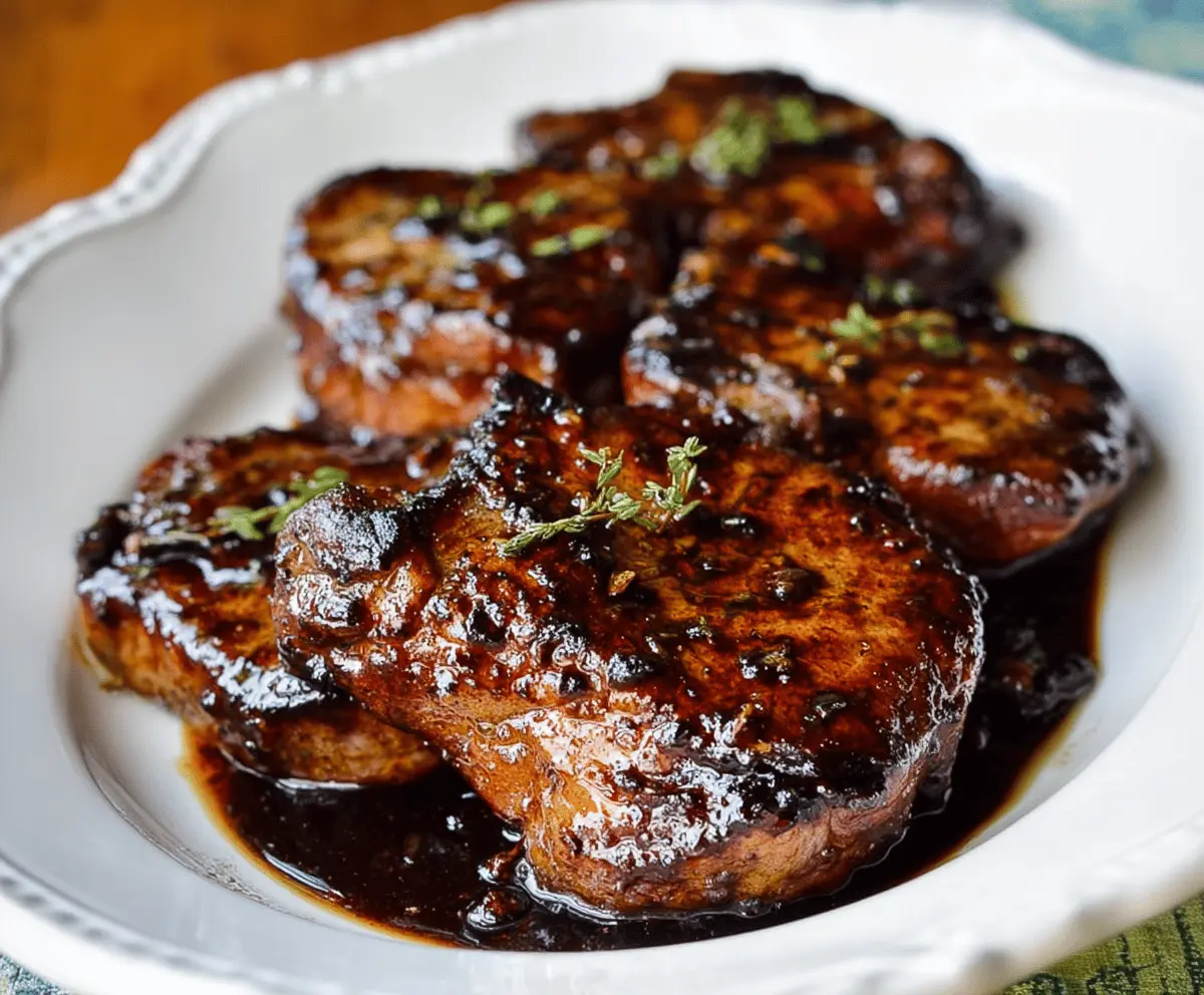 Savory Balsamic Glazed Pork Chops served with fresh herbs on a plate