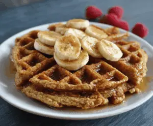 Delicious banana oatmeal waffles served on a breakfast plate, topped with fresh fruits.