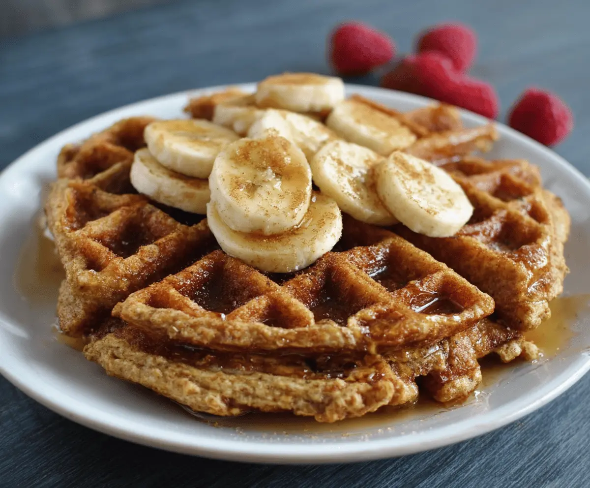Delicious banana oatmeal waffles served on a breakfast plate, topped with fresh fruits.