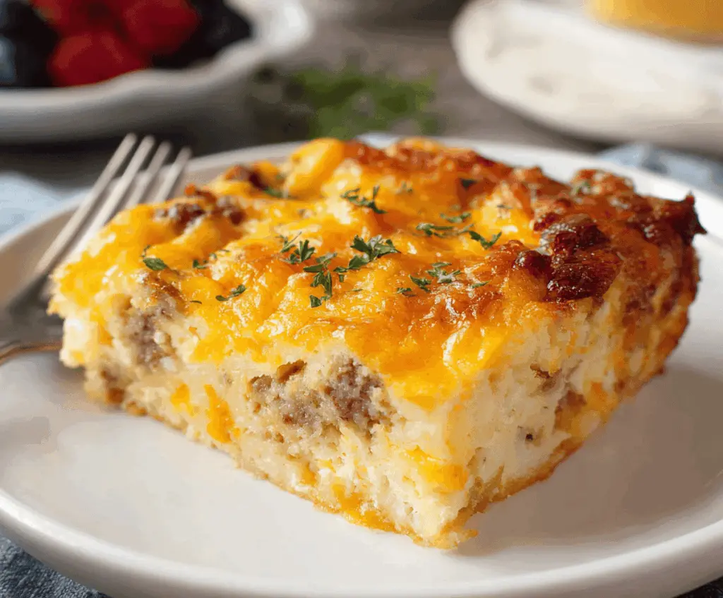 Delicious Bisquick Breakfast Casserole with eggs, cheese, and breakfast sausage served in a baking dish.