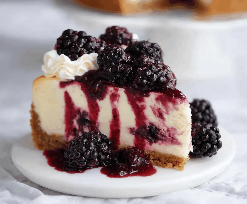 Delicious Blackberry Raspberry Cheesecake with fresh berries and creamy texture