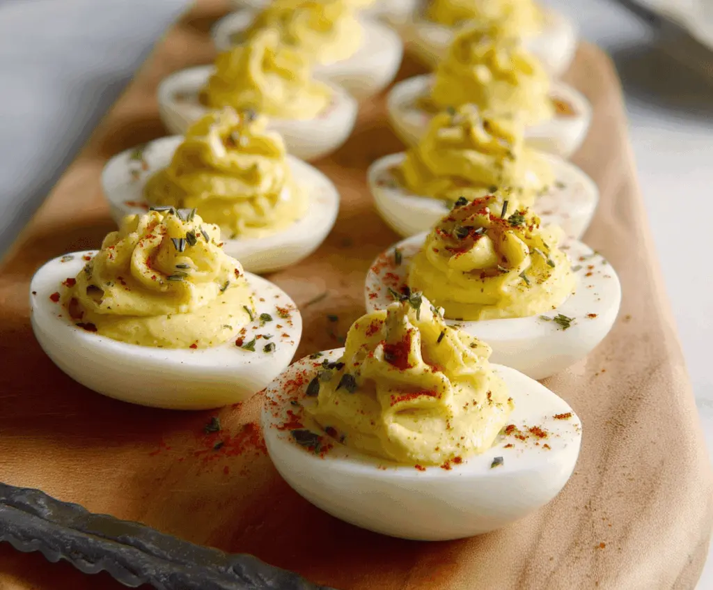 Creamy Boursin deviled eggs garnished with herbs for a delicious appetizer