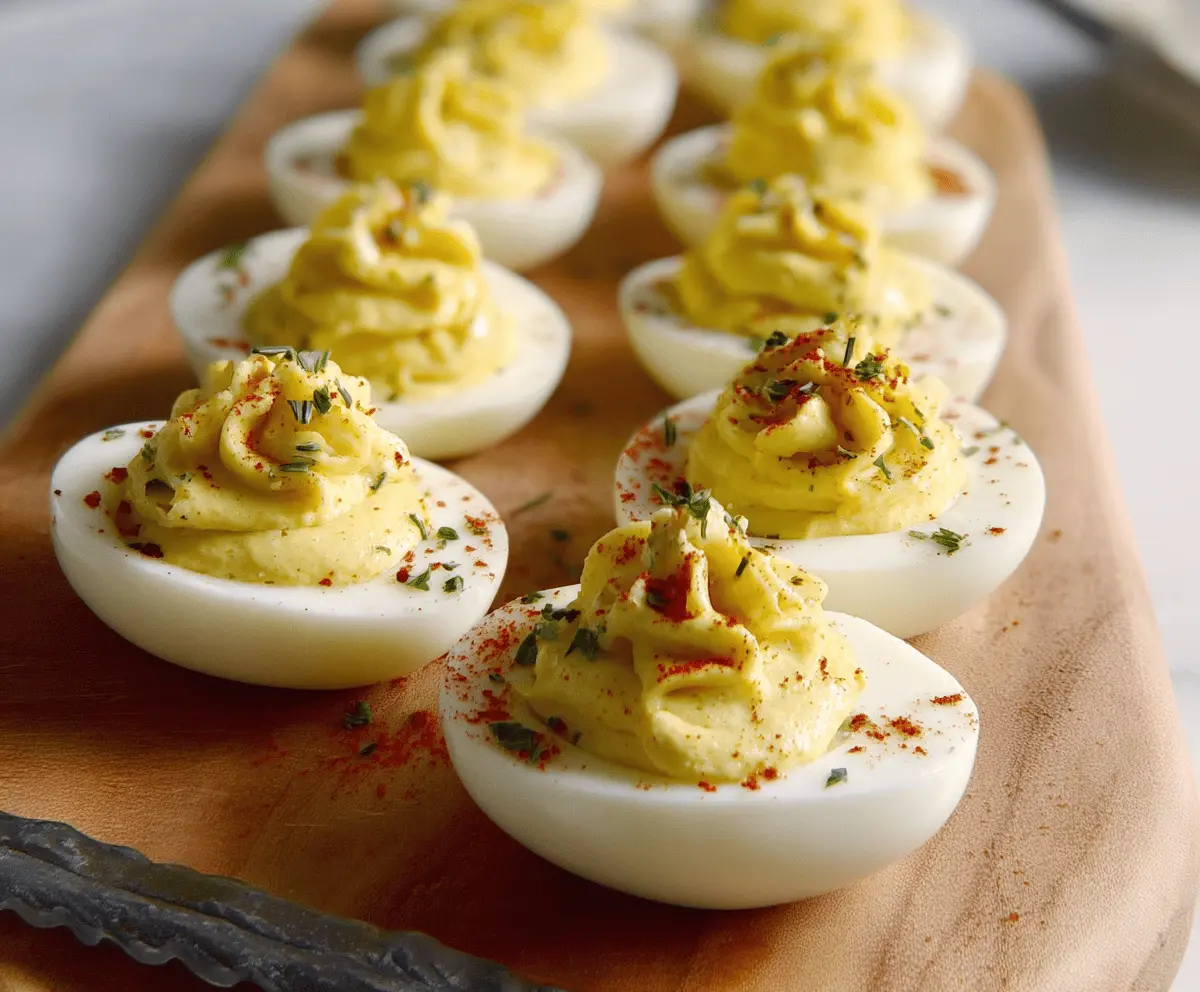 Creamy Boursin deviled eggs garnished with herbs for a delicious appetizer