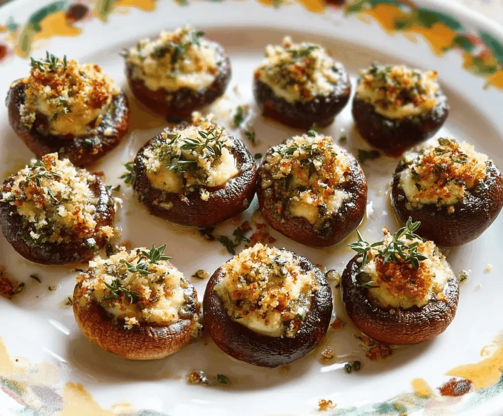 Delicious Brie stuffed mushrooms garnished with fresh herbs on a white plate.