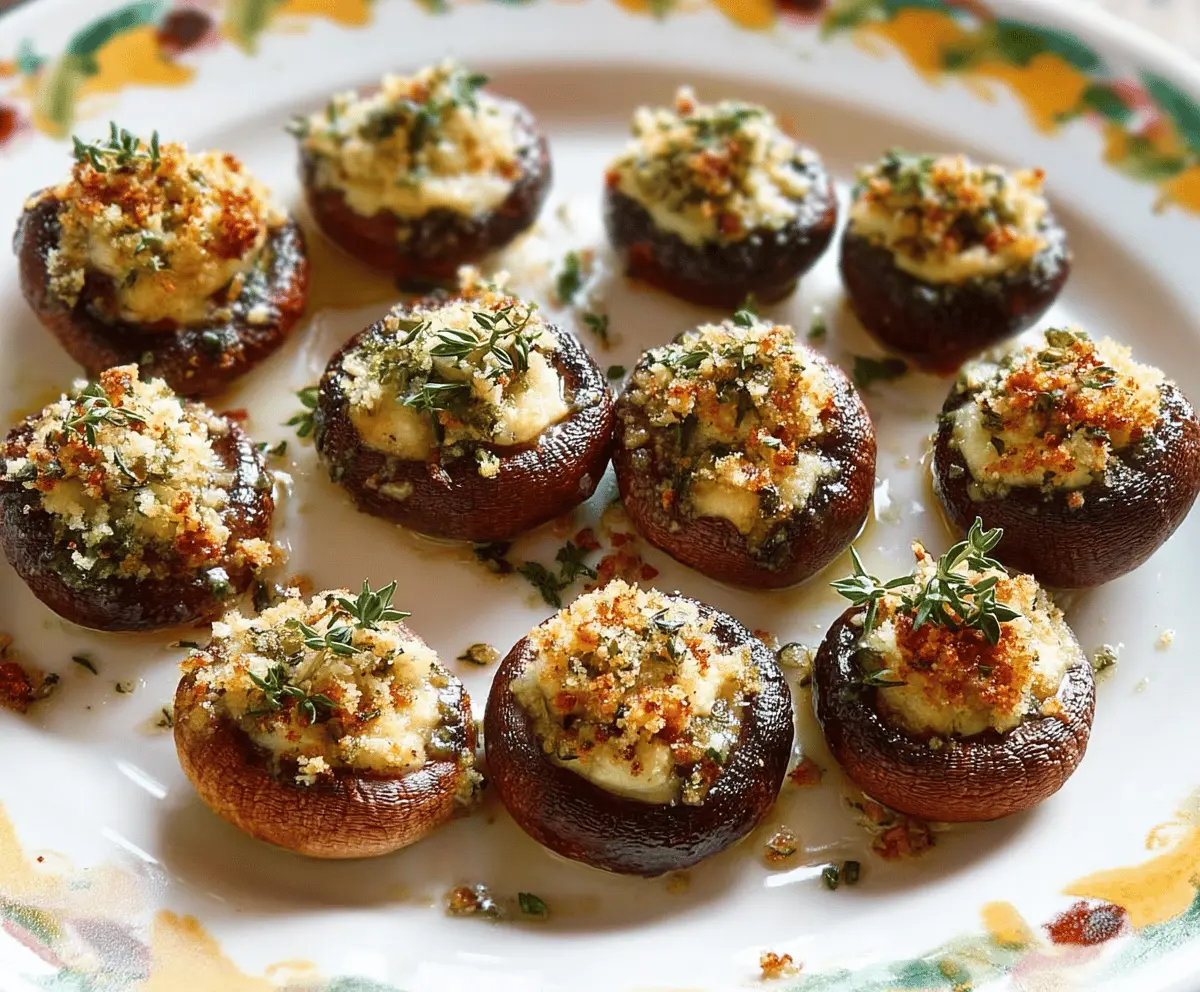 Delicious Brie stuffed mushrooms garnished with fresh herbs on a white plate.