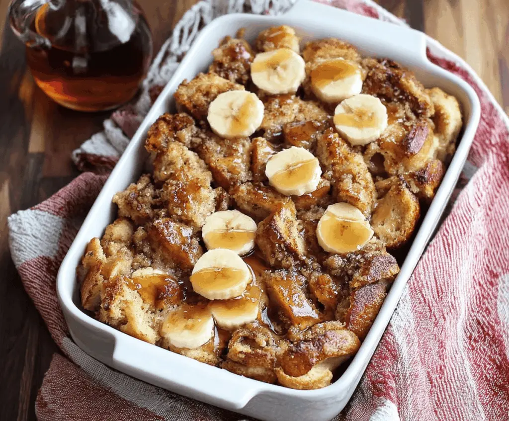 Delicious Brown Sugar Banana French Toast Casserole topped with fresh bananas and cinnamon for a sweet breakfast treat