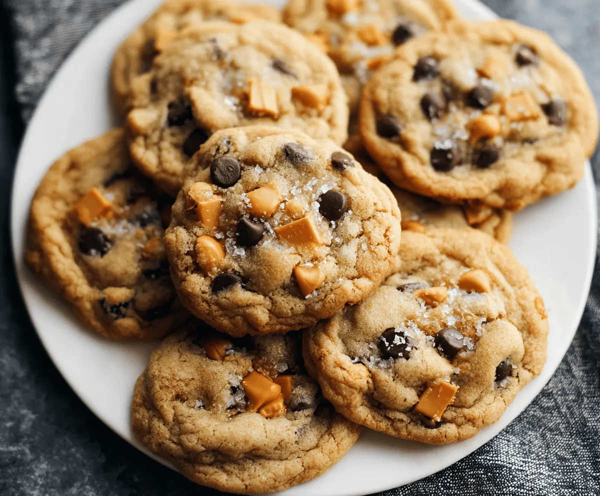 Homemade butterscotch chocolate chip cookies fresh out of the oven, showcasing golden edges and gooey chocolate chips.