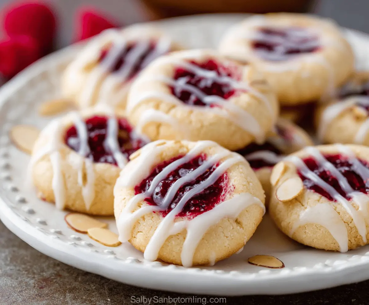 Delicious buttery raspberry jam thumbprint cookies topped with almond glaze, perfect for holiday treats.