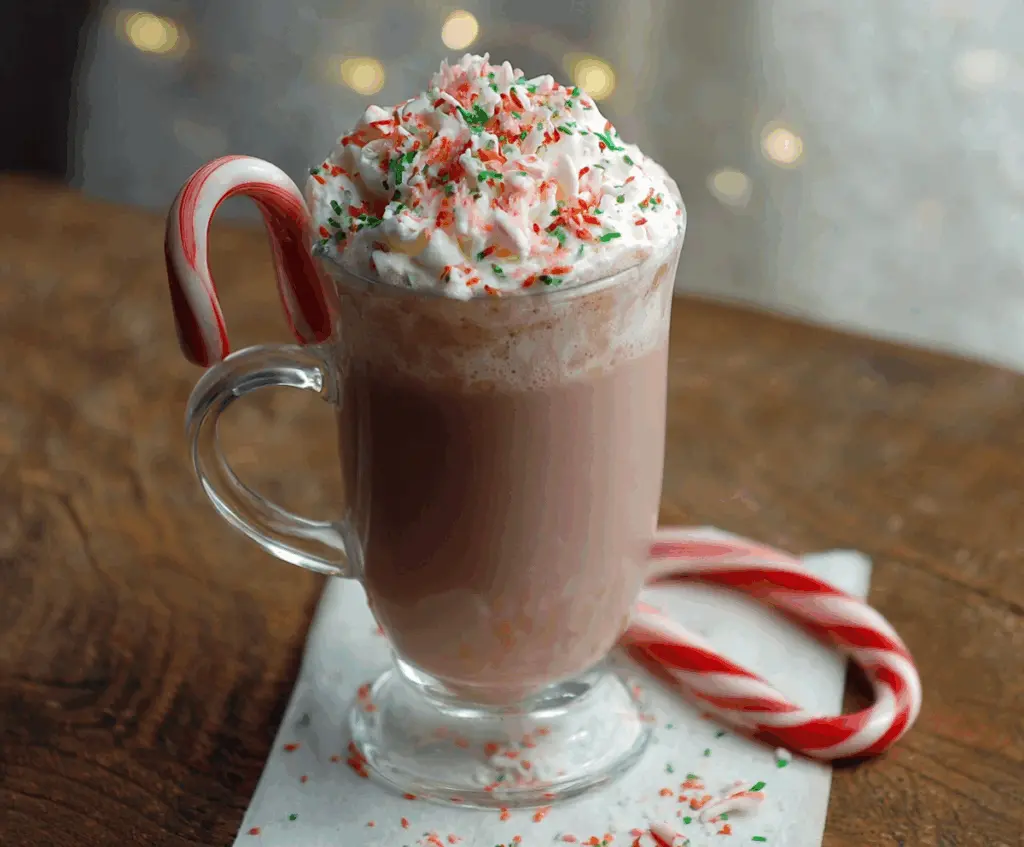 A cozy mug of Candy Cane Hot Chocolate topped with whipped cream and crushed peppermint candy.