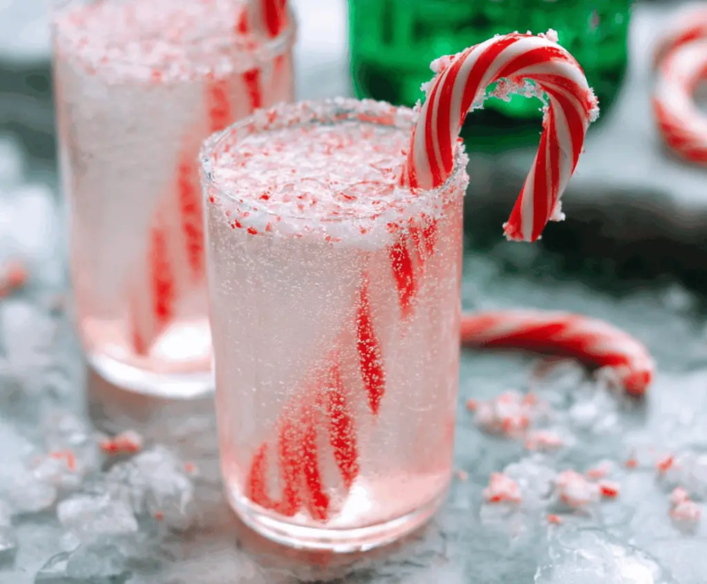 Refreshing Candy Cane Spritzer Cocktail garnished with candy canes and mint leaves in a festive glass.