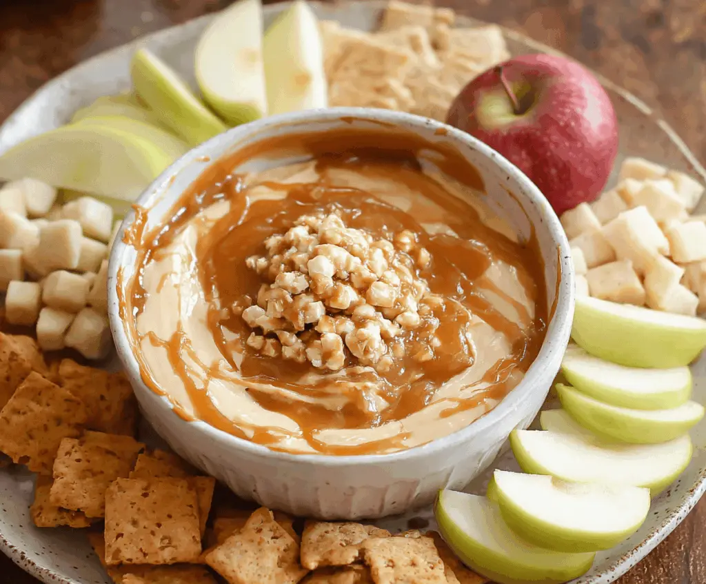 Delicious caramel apple dip served with fresh sliced apples on a rustic wooden table.