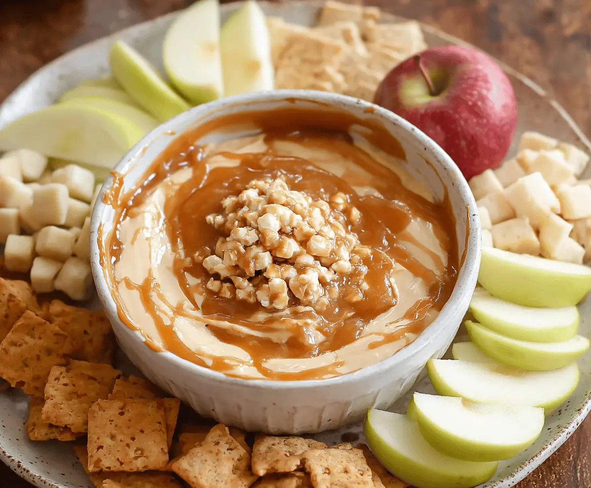 Delicious caramel apple dip served with fresh sliced apples on a rustic wooden table.