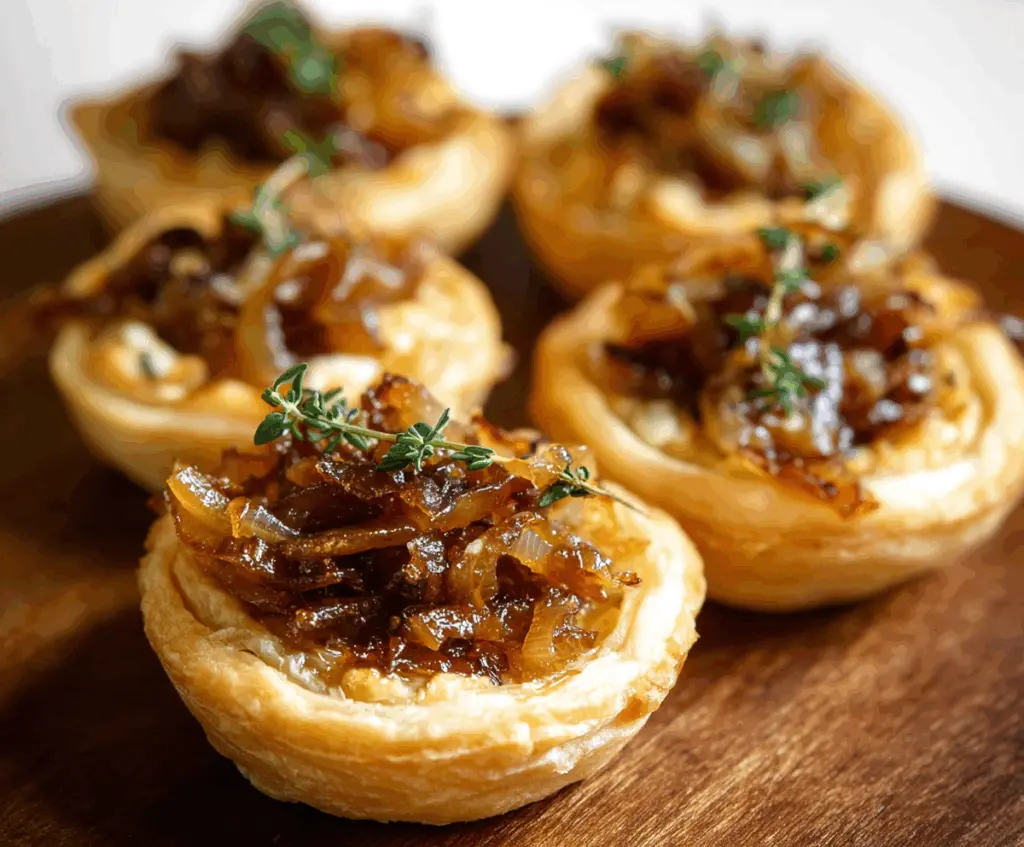 Delicious caramelized onion tartlets topped with fresh herbs on a rustic plate.