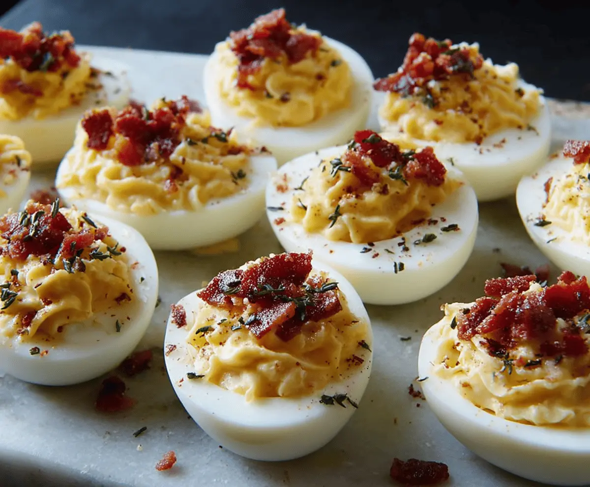 Delicious Carbonara Deviled Eggs with creamy filling and crispy pancetta topping.