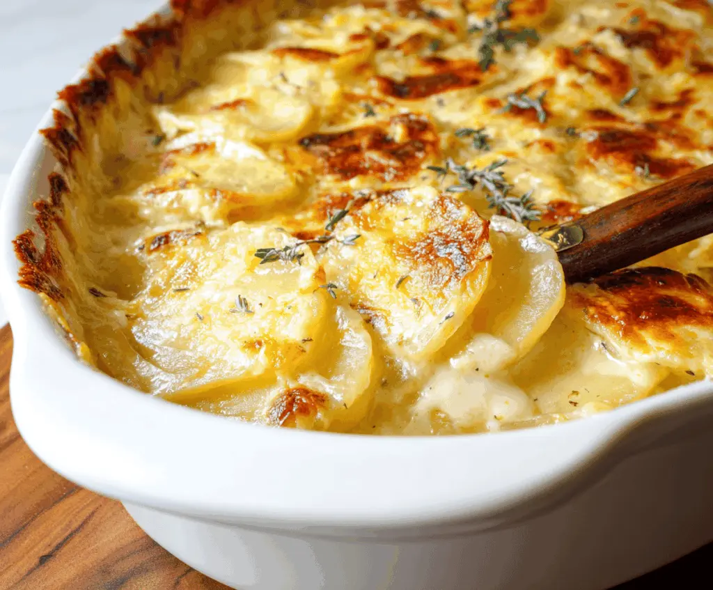 Creamy cheesy scalloped potatoes baked to perfection with golden bubbling cheese on top.